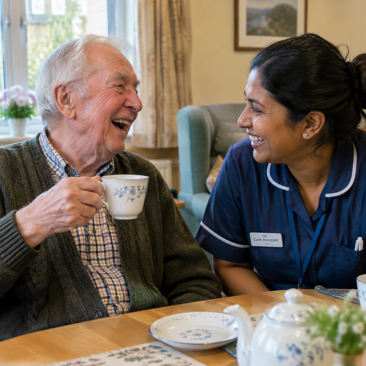 A carer sharing tea with an elderly resident